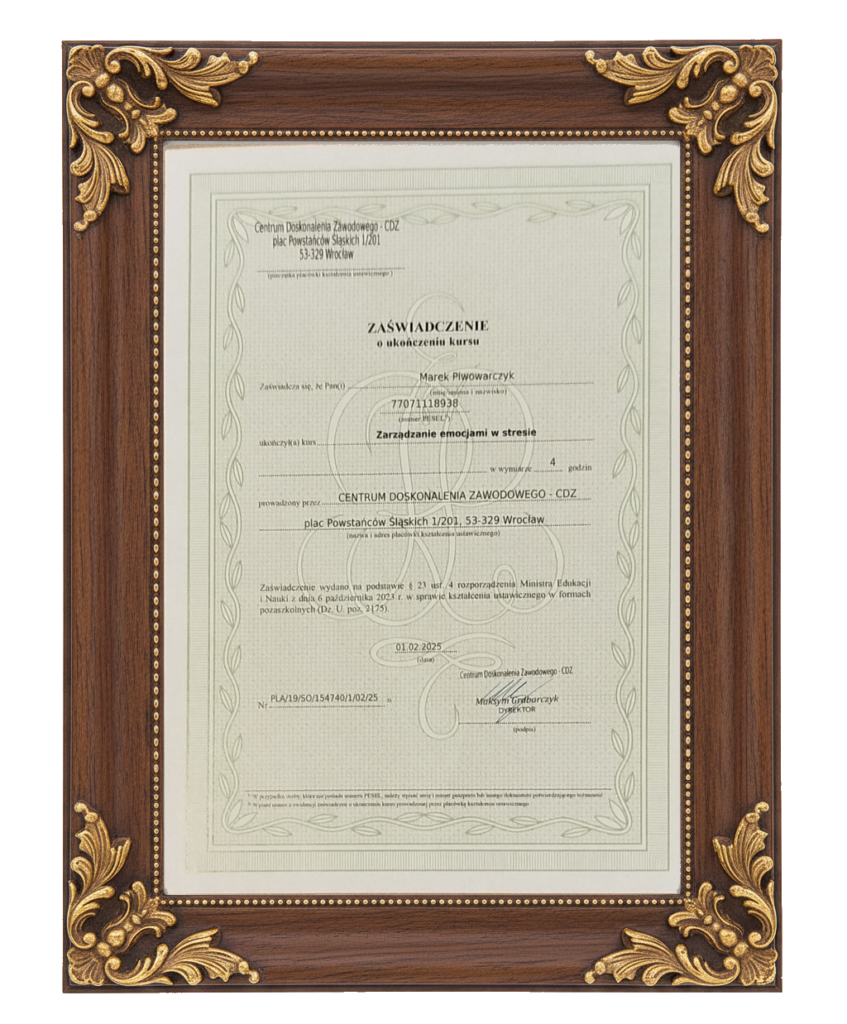 zaswiadczenie o ukonczeniu kursu zarzadzanie emocjami w stresie framed