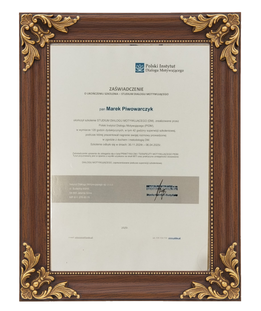 zaswiadczenie o ukonczeniu szkolenia studium dialogu motywujacego framed