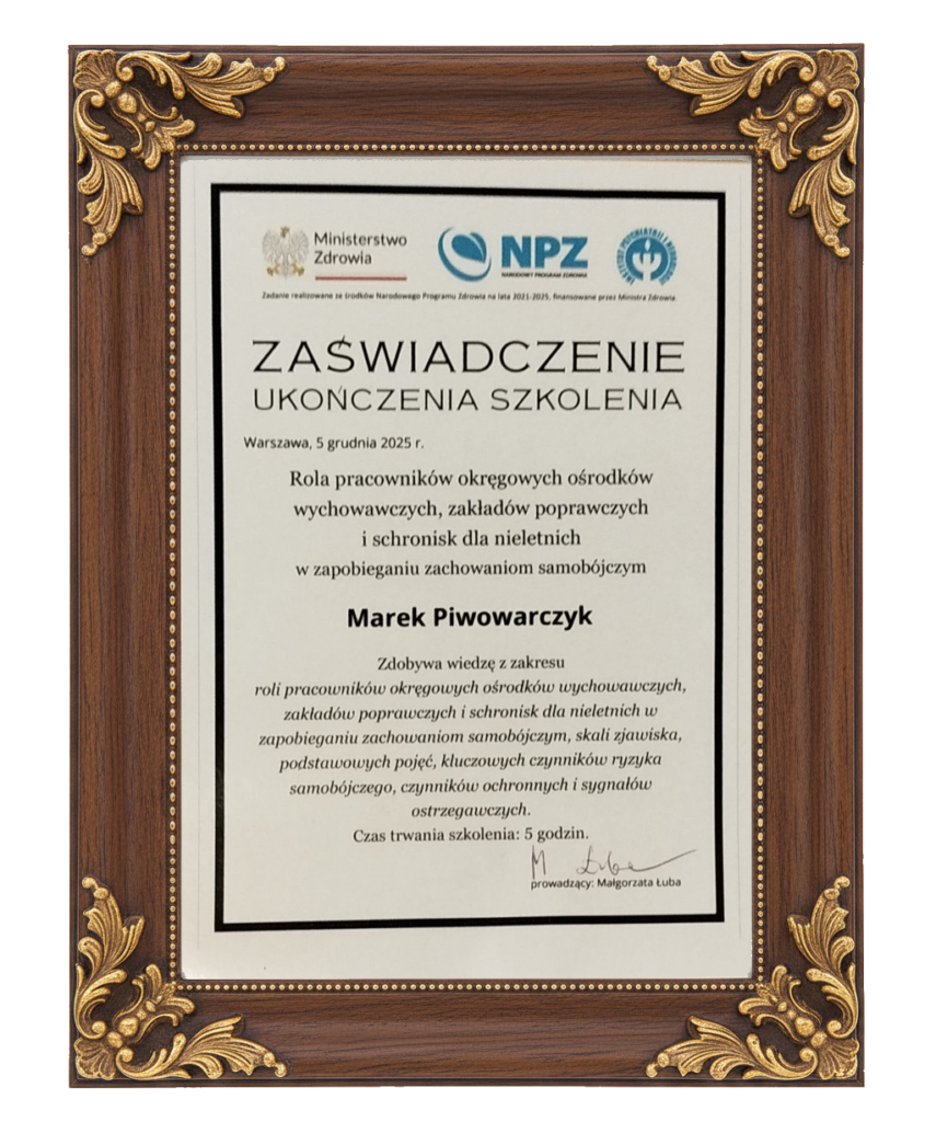 zaswiadczenie ukonczenia szkolenia rola pracowników okręgowych osrdkow wychowawczych zakladow poprawczych i schronisk dla nieletnich framed